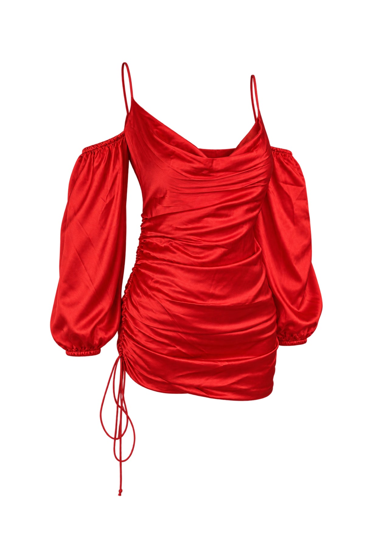 Cinq à Sept Red Satin Ruched Off-Shoulder Mini Dress