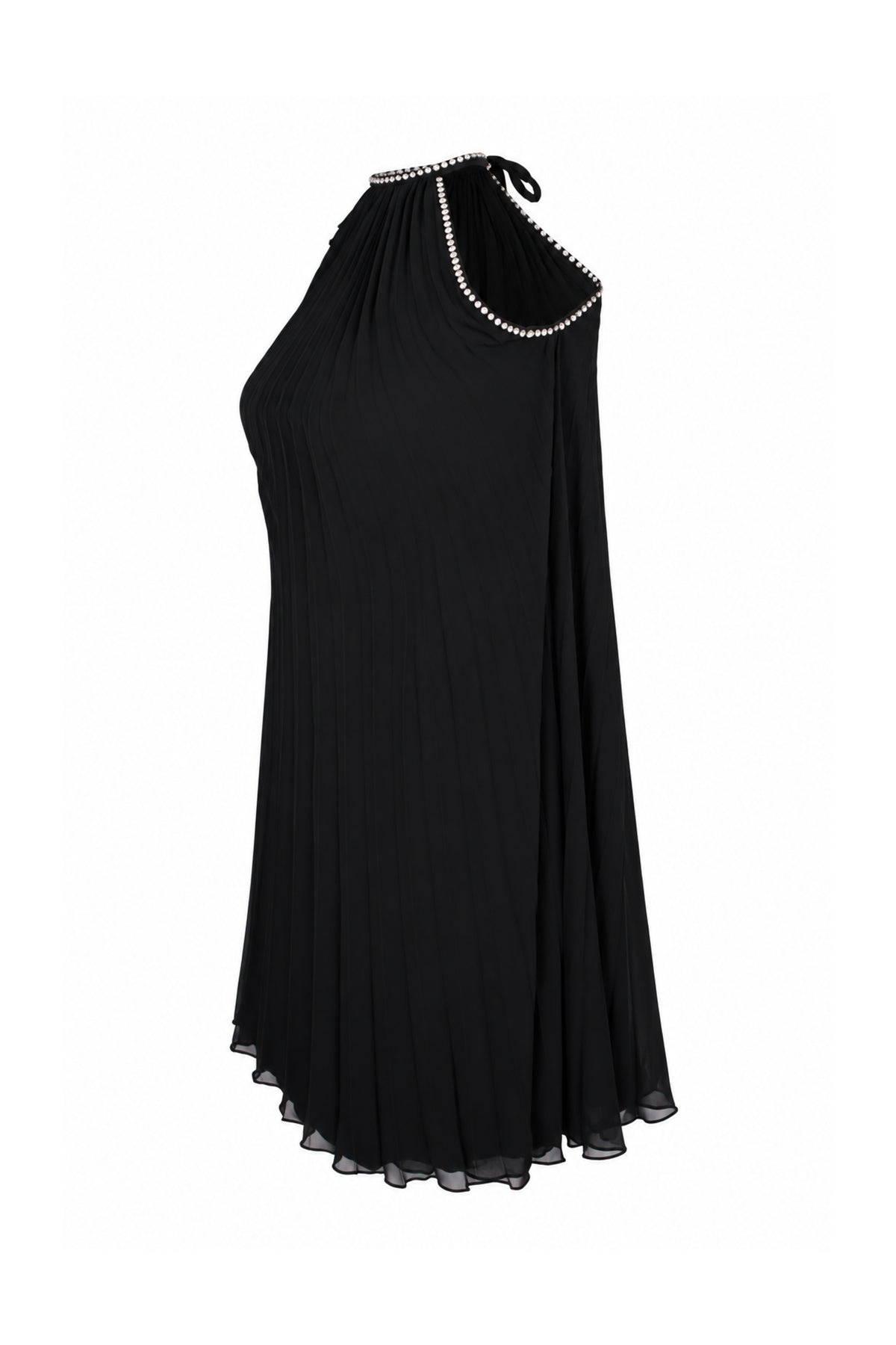 Black Pleated Chiffon Rhinestone Halter Mini Dress