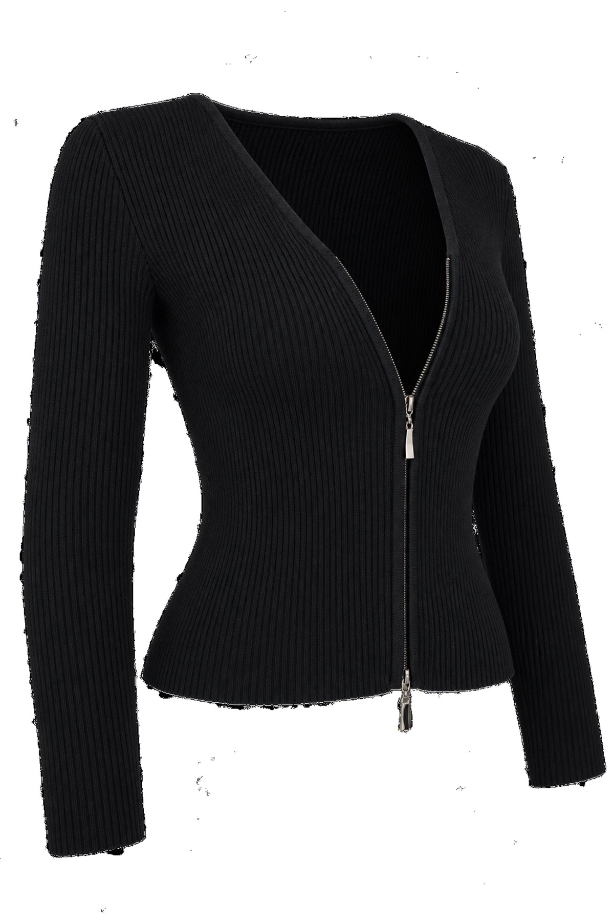 Black Ribbed Knit Zip-Front Fitted Cardigan
