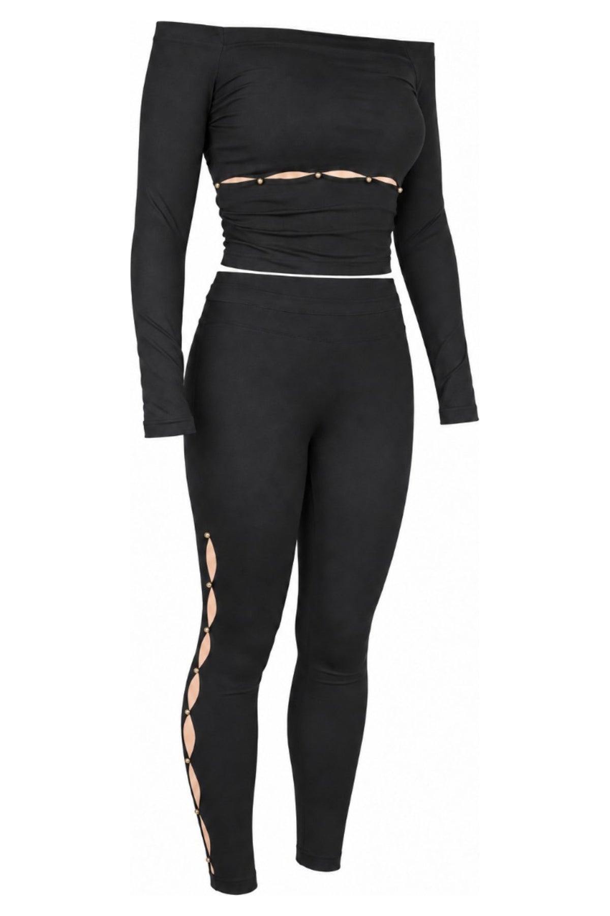 Wolford Black Off-Shoulder Top and Ring Cut-Out Leggings Set