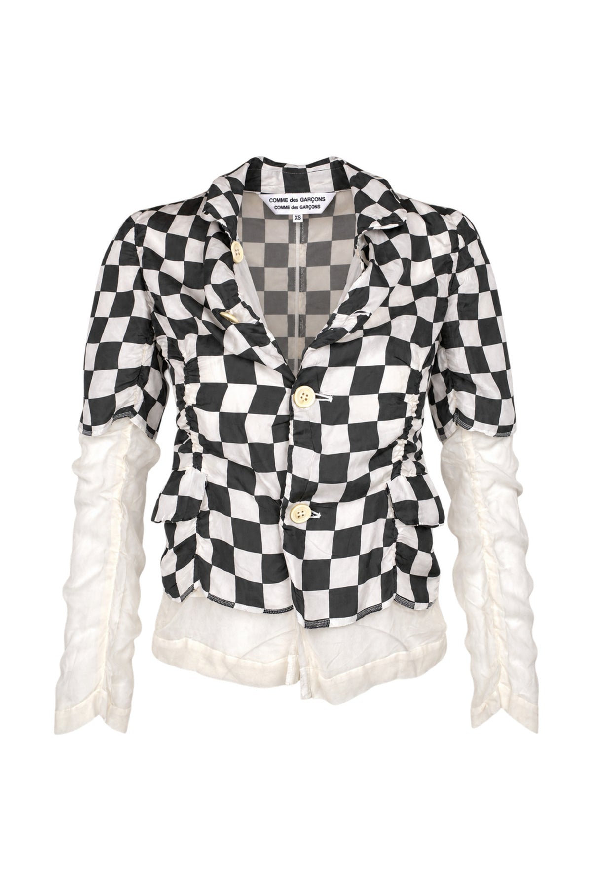 Comme des Garçons Black White Checkerboard Silk Jacket with Sheer Sleeves