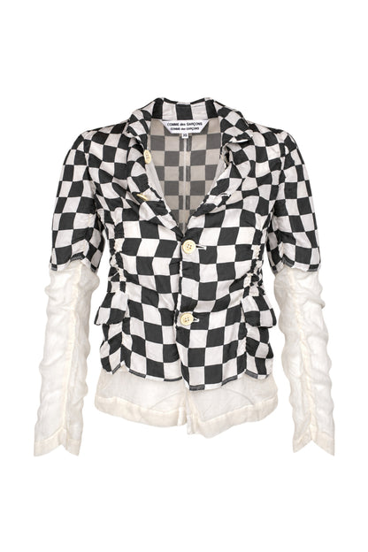 Comme des Garçons Black White Checkerboard Silk Jacket with Sheer Sleeves