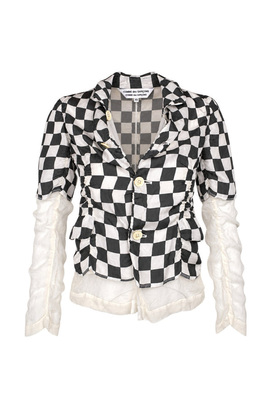 Comme des Garçons Black White Checkerboard Silk Jacket with Sheer Sleeves