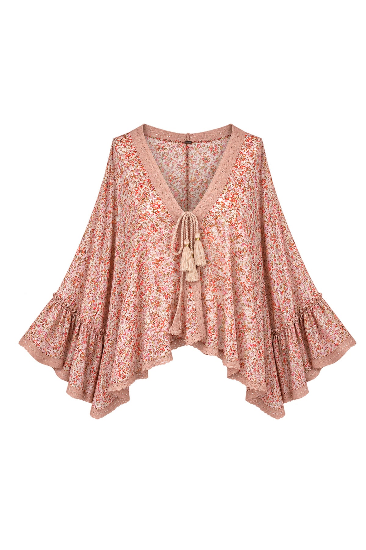 Free People Floral Chiffon Bell Sleeve Kimono Top with Crochet Trim