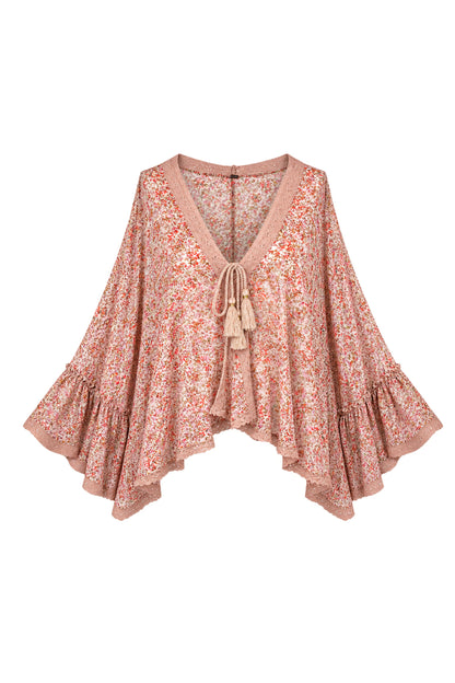Free People Floral Chiffon Bell Sleeve Kimono Top with Crochet Trim