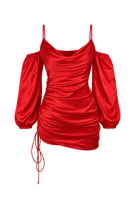 Cinq à Sept Red Satin Ruched Off-Shoulder Mini Dress