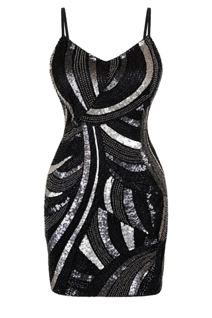 MAM Black Silver Sequin Beaded Mini Dress