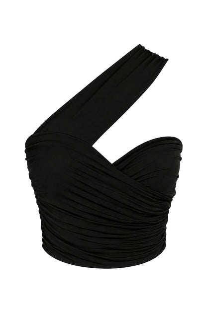 Lil & Lavantin Black Ruched One-Shoulder Crop Top
