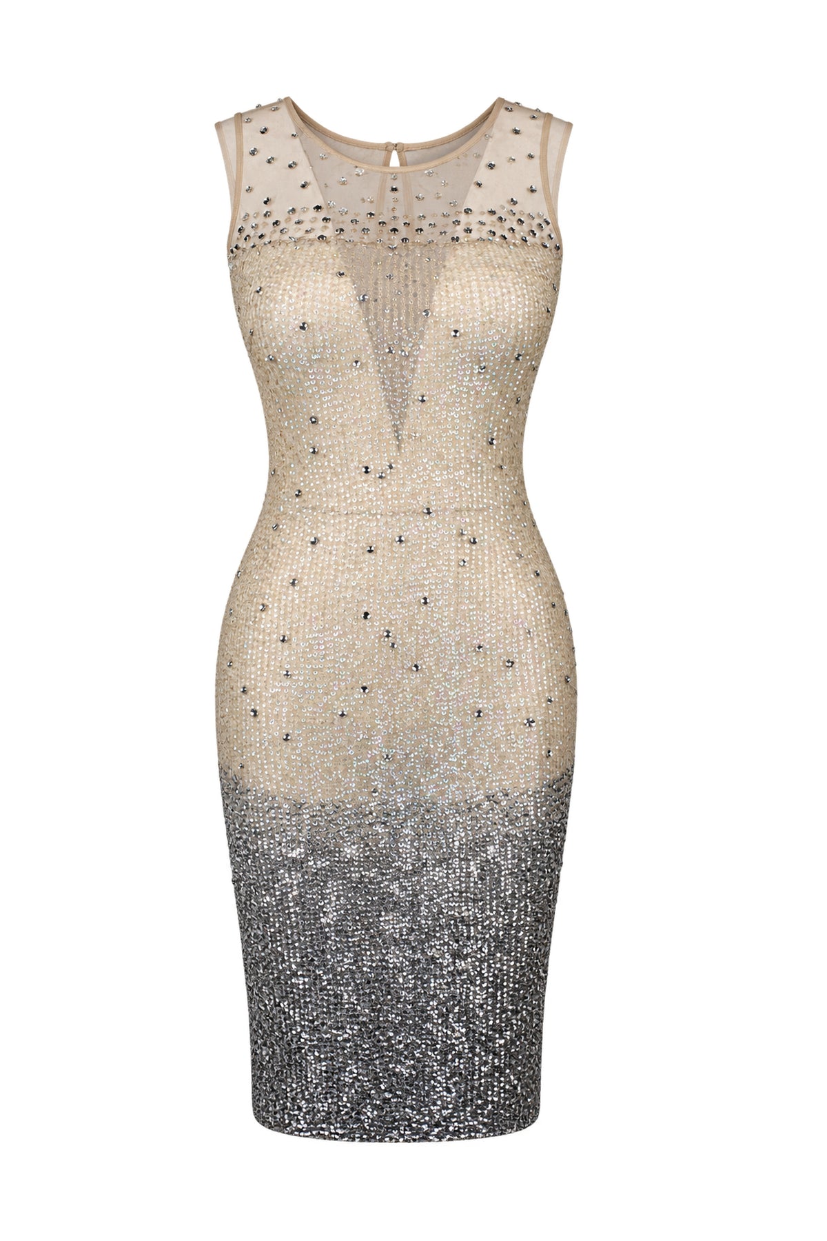 French Connection Nude Sequin Embellished Mesh Bodycon Dress