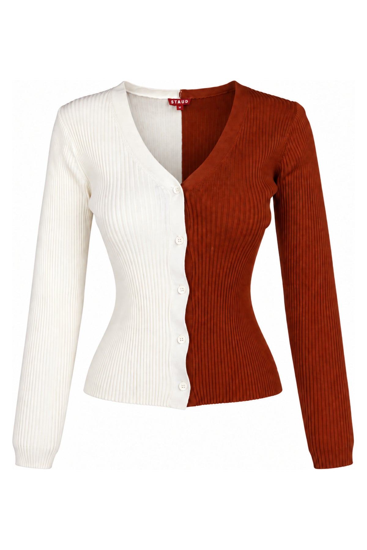 Staud Two-Tone Ivory Rust Rib Knit Cardigan
