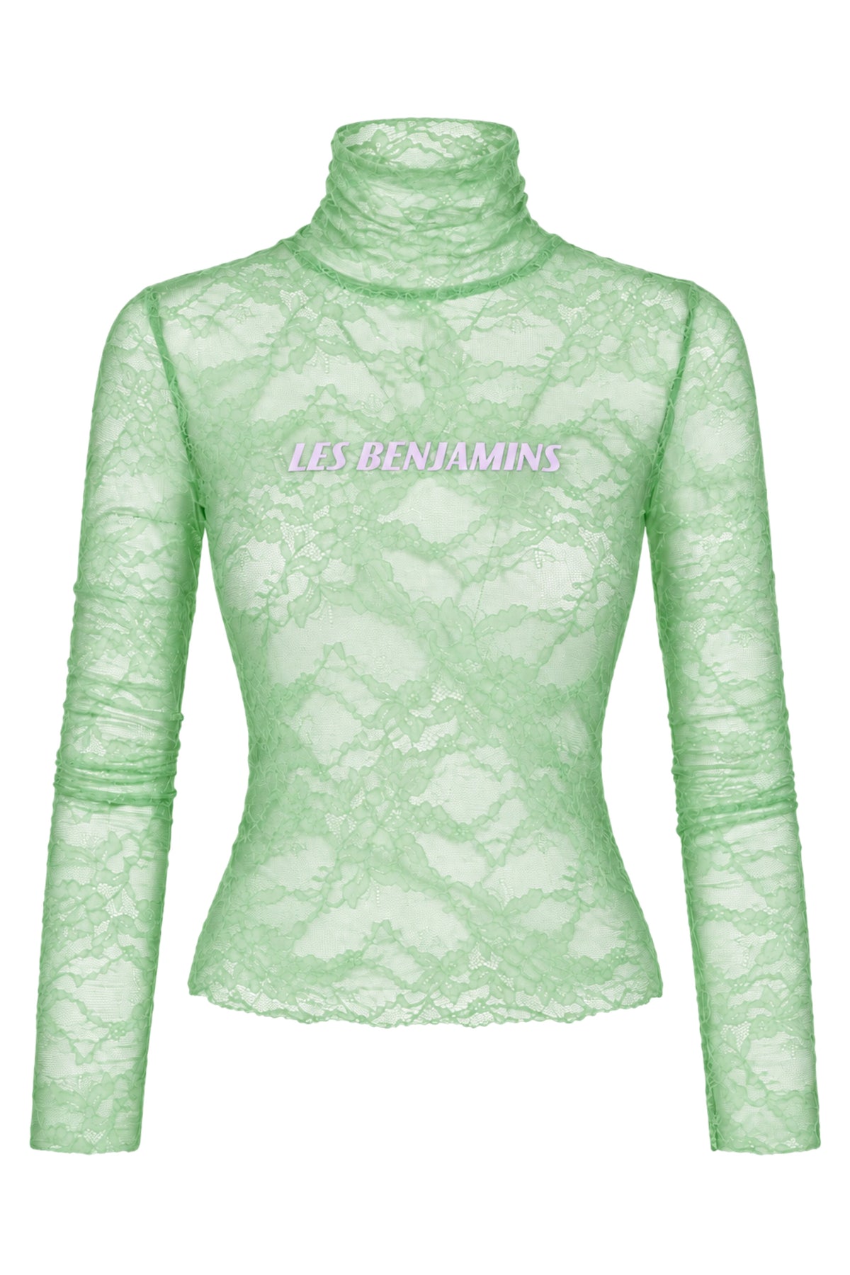 Les Benjamins Mint Green Lace Logo Turtleneck Top