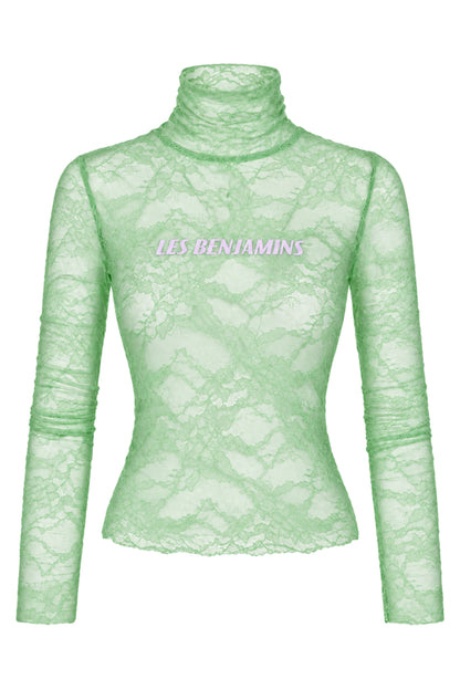 Les Benjamins Mint Green Lace Logo Turtleneck Top