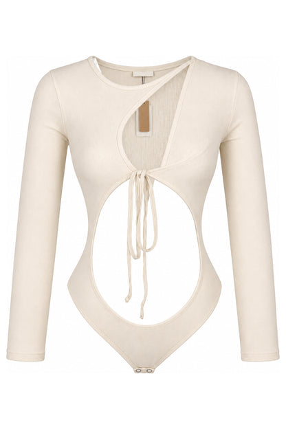 IAMNOTBASIC Cream Ribbed Cut-Out Tie-Front Bodysuit