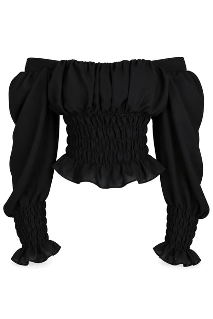 Naia Black Smocked Off-Shoulder Puff Sleeve Top