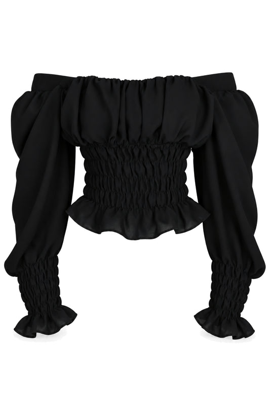 Naia Black Smocked Off-Shoulder Puff Sleeve Top