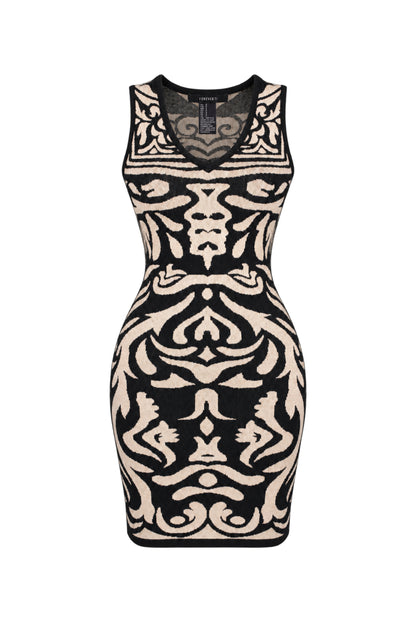 Forever 21 Black Beige Jacquard Knit Bodycon Mini Dress