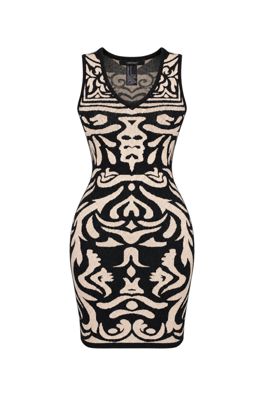 Forever 21 Black Beige Jacquard Knit Bodycon Mini Dress