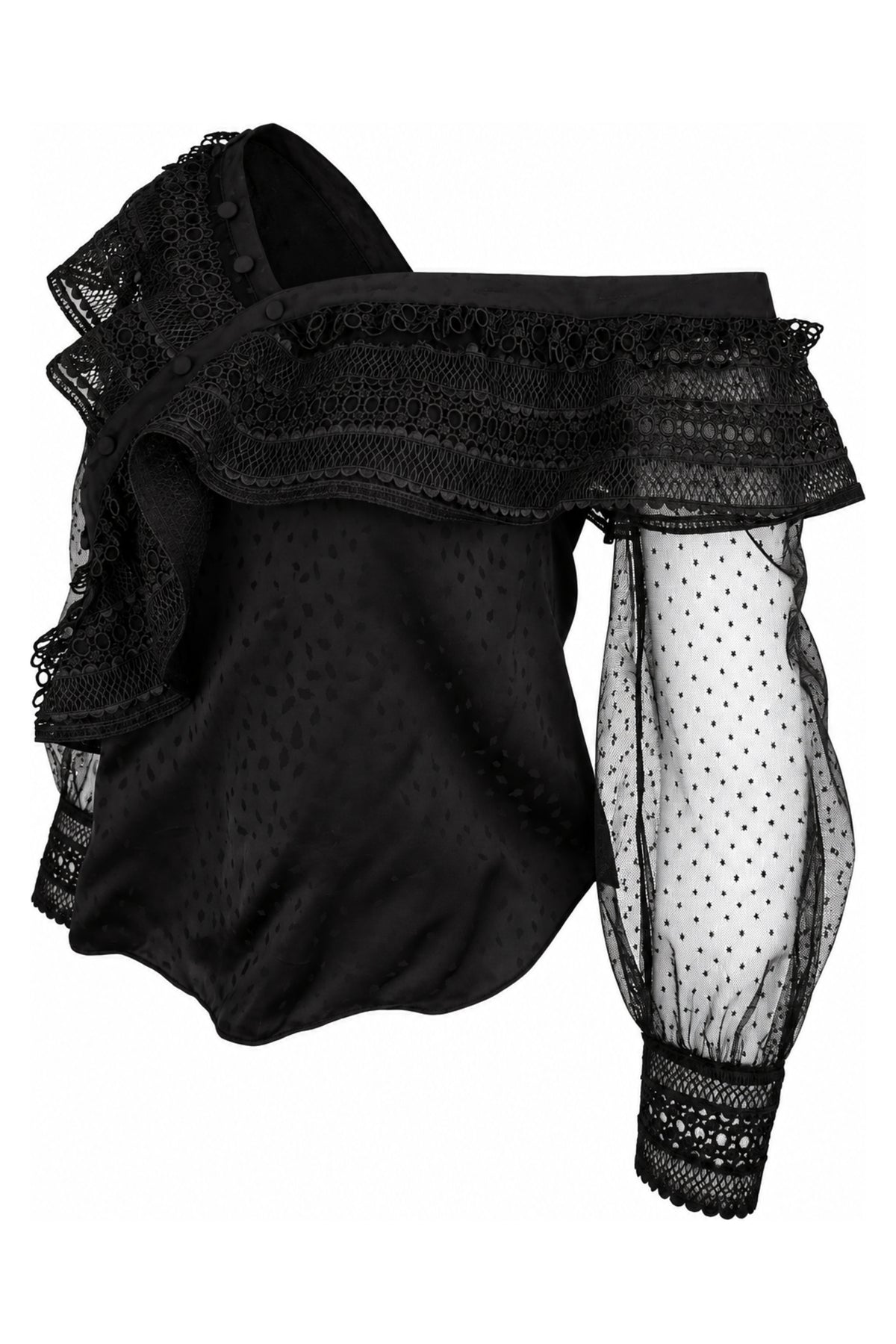 Self-Portrait Black One-Shoulder Lace and Dot Mesh Top