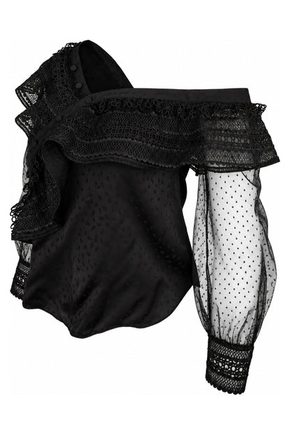 Self-Portrait Black One-Shoulder Lace and Dot Mesh Top