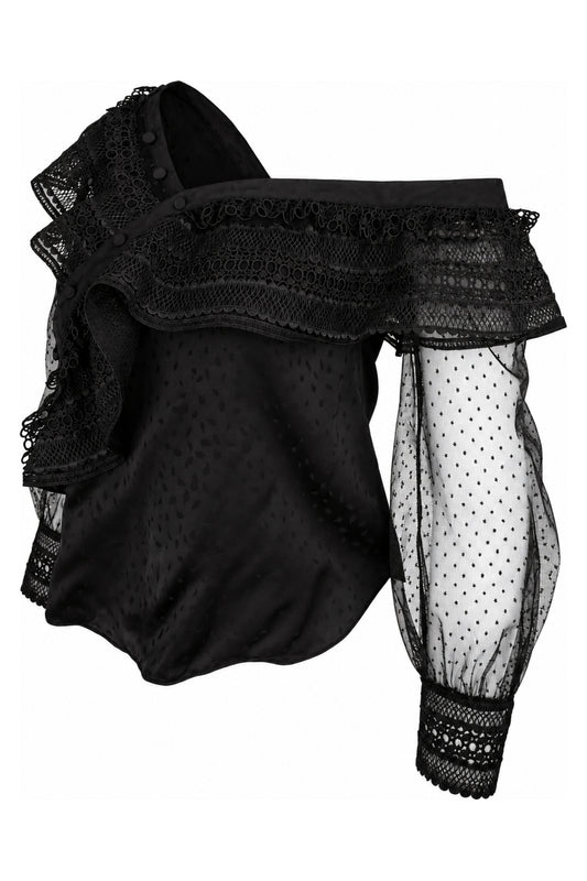 Self-Portrait Black One-Shoulder Lace and Dot Mesh Top
