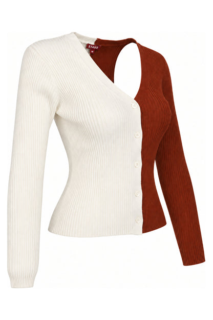Staud Two-Tone Ivory Rust Rib Knit Cardigan