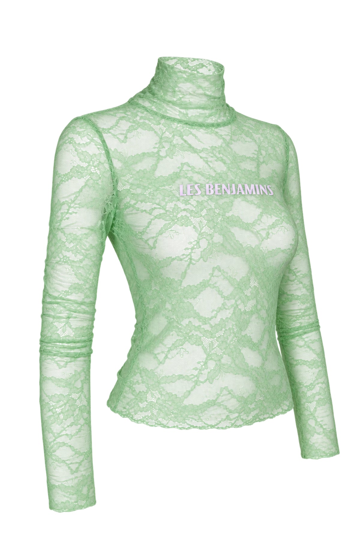 Les Benjamins Mint Green Lace Logo Turtleneck Top