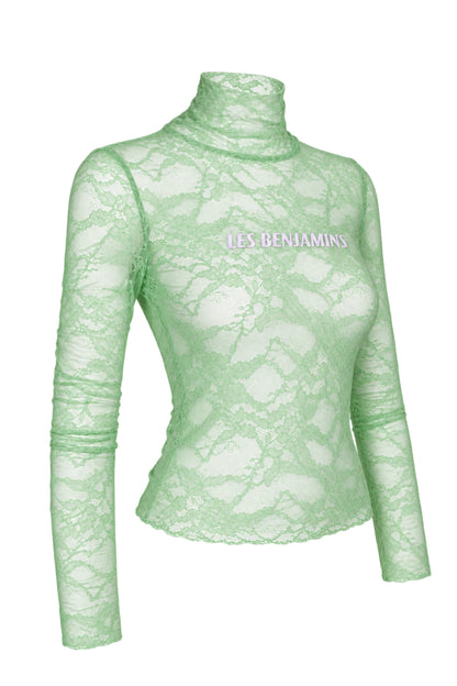 Les Benjamins Mint Green Lace Logo Turtleneck Top