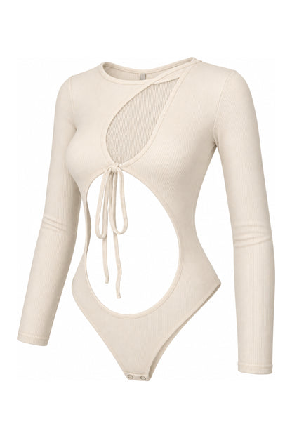 IAMNOTBASIC Cream Ribbed Cut-Out Tie-Front Bodysuit
