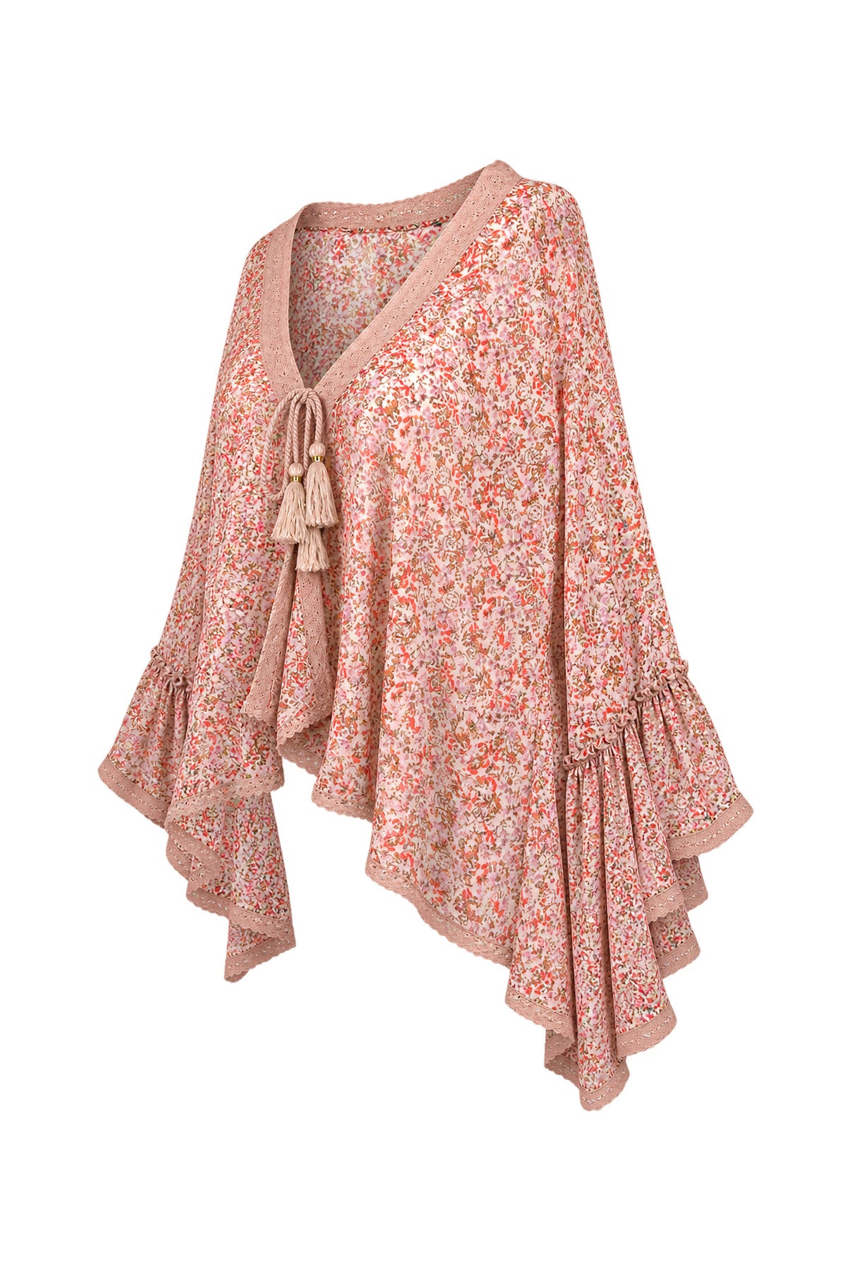 Free People Floral Chiffon Bell Sleeve Kimono Top with Crochet Trim
