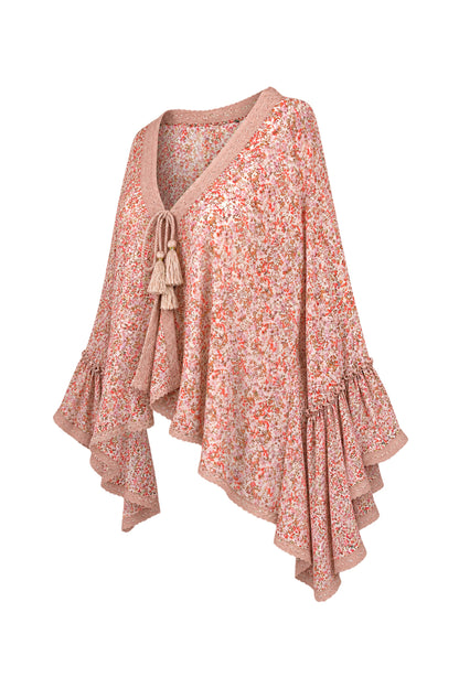 Free People Floral Chiffon Bell Sleeve Kimono Top with Crochet Trim