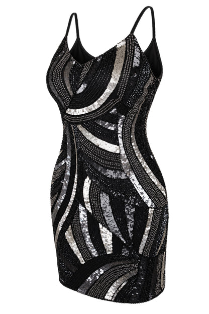 MAM Black Silver Sequin Beaded Mini Dress