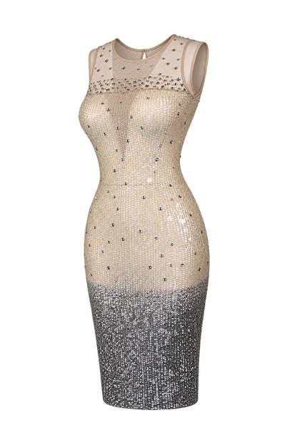 French Connection Nude Sequin Embellished Mesh Bodycon Dress