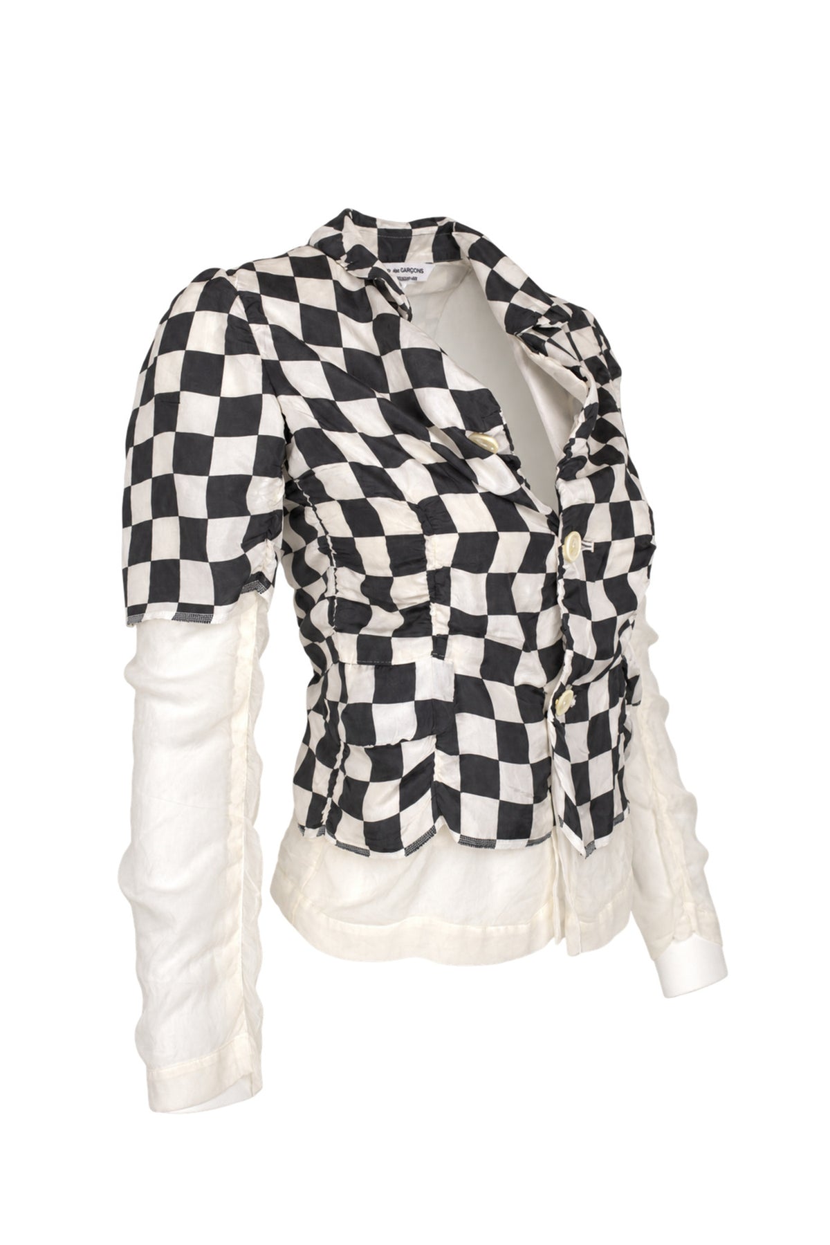 Comme des Garçons Black White Checkerboard Silk Jacket with Sheer Sleeves