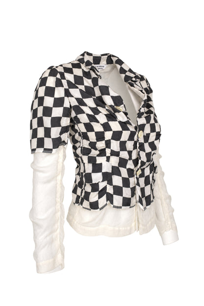 Comme des Garçons Black White Checkerboard Silk Jacket with Sheer Sleeves