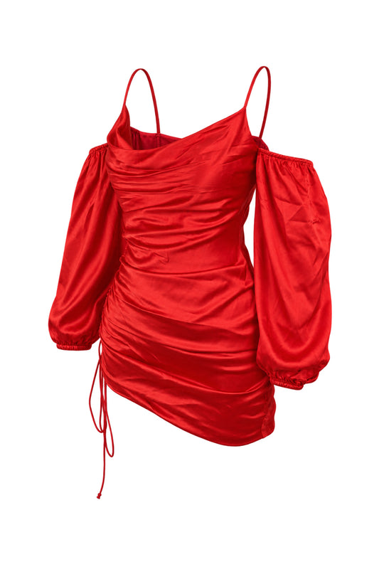 Cinq à Sept Red Satin Ruched Off-Shoulder Mini Dress