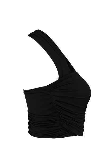 Lil & Lavantin Black Ruched One-Shoulder Crop Top