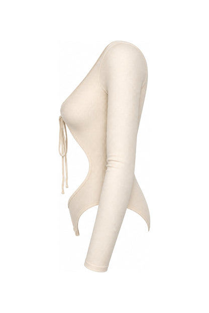 IAMNOTBASIC Cream Ribbed Cut-Out Tie-Front Bodysuit
