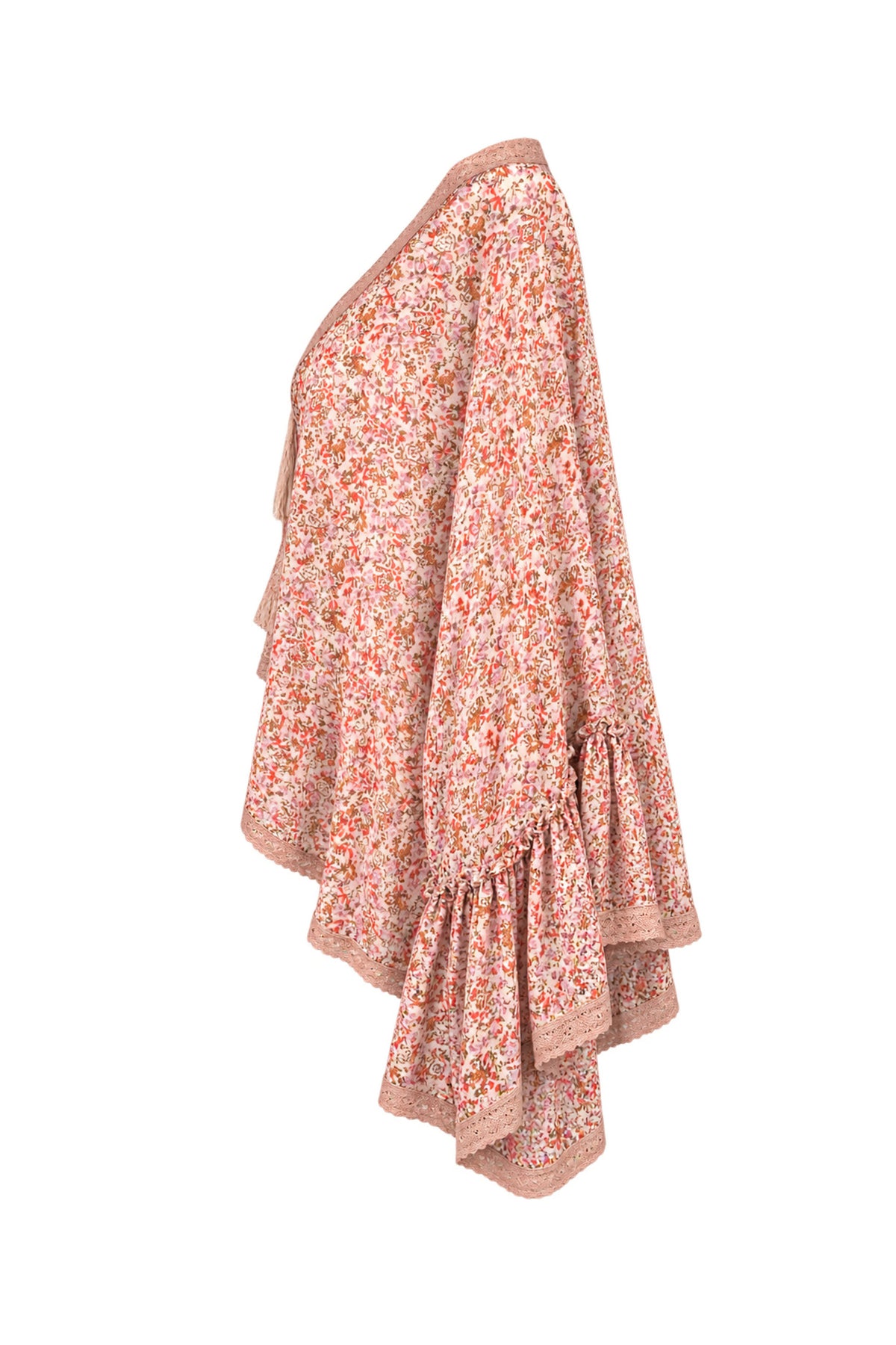 Free People Floral Chiffon Bell Sleeve Kimono Top with Crochet Trim
