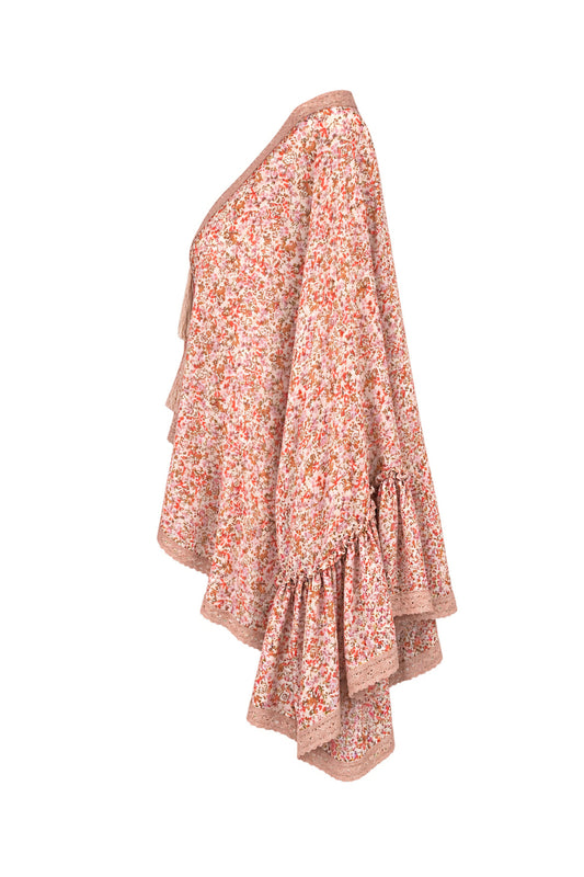 Free People Floral Chiffon Bell Sleeve Kimono Top with Crochet Trim