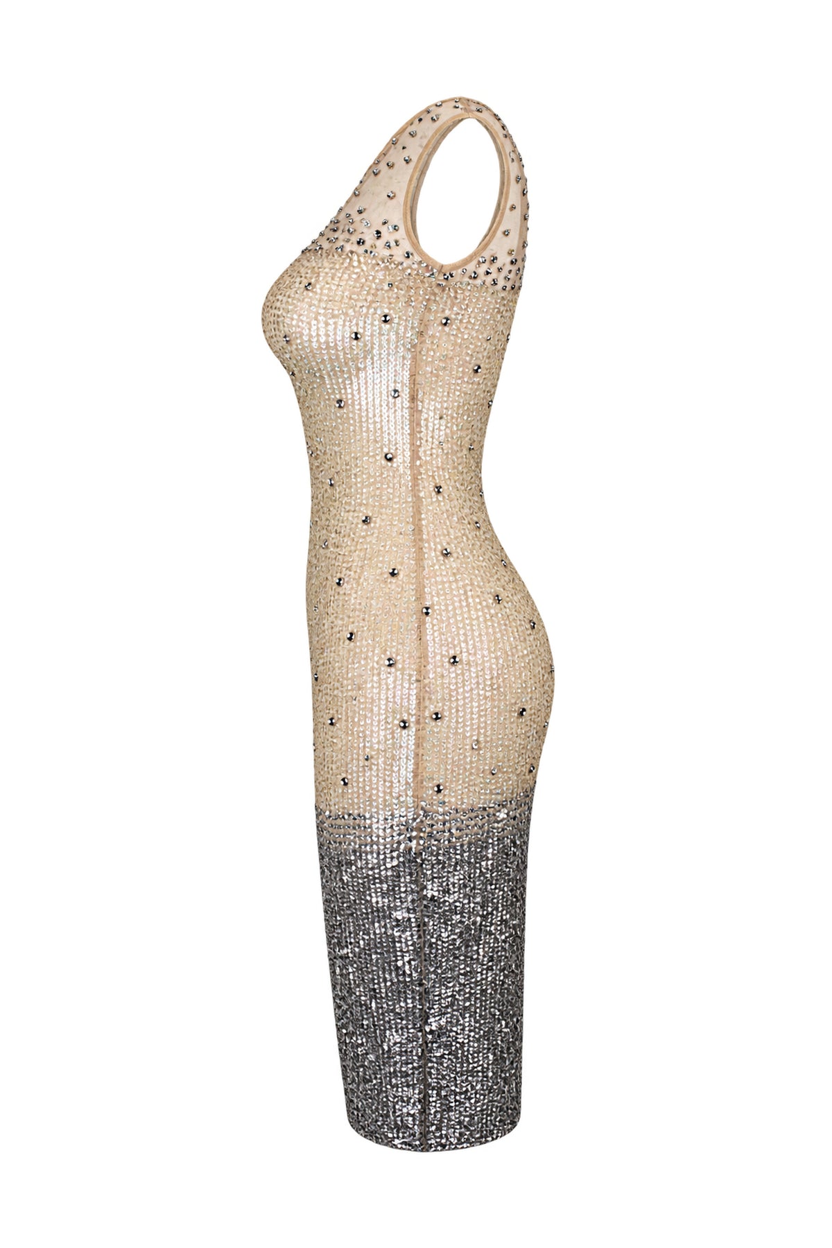 French Connection Nude Sequin Embellished Mesh Bodycon Dress