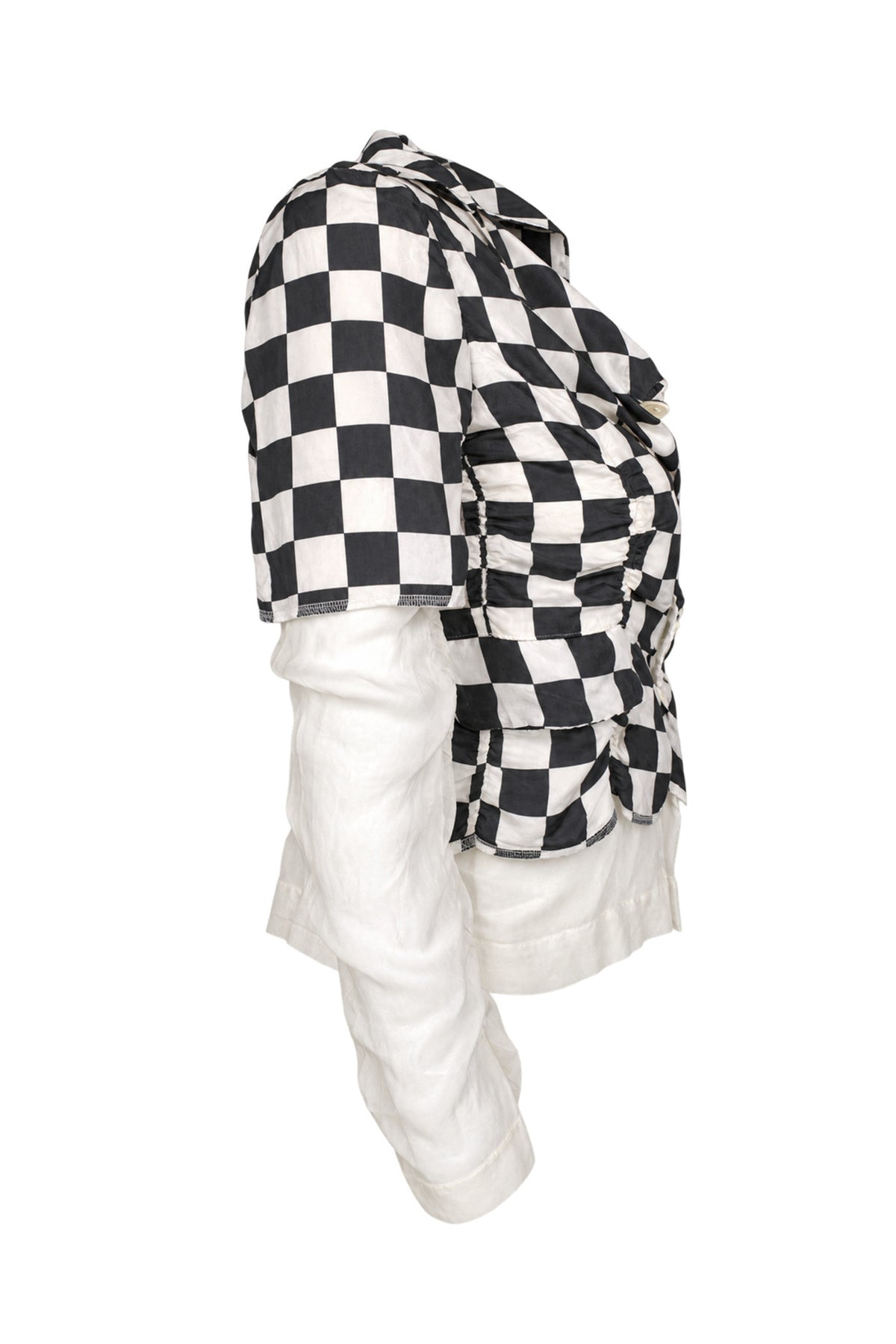 Comme des Garçons Black White Checkerboard Silk Jacket with Sheer Sleeves