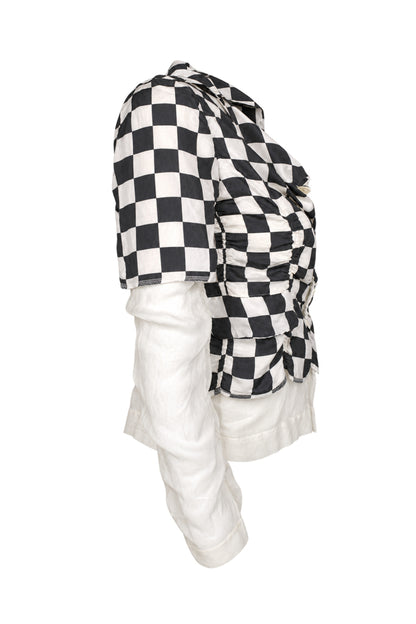 Comme des Garçons Black White Checkerboard Silk Jacket with Sheer Sleeves