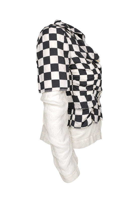 Comme des Garçons Black White Checkerboard Silk Jacket with Sheer Sleeves