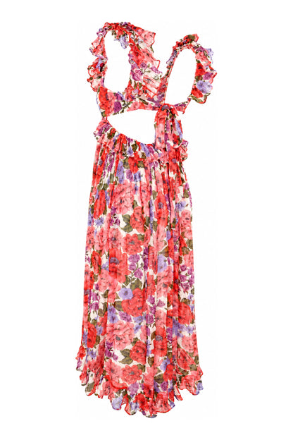 Zimmermann Red Floral Silk Ruffle Maxi Dress