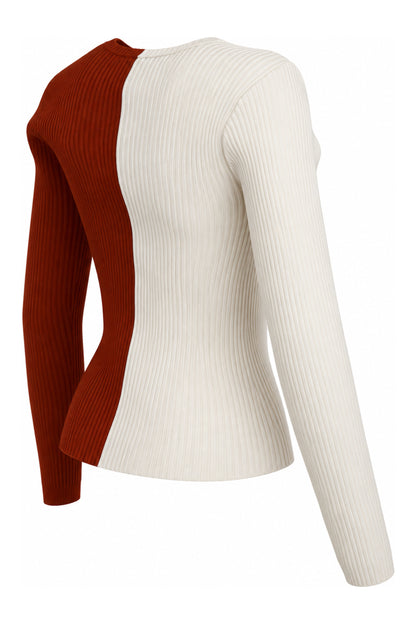 Staud Two-Tone Ivory Rust Rib Knit Cardigan