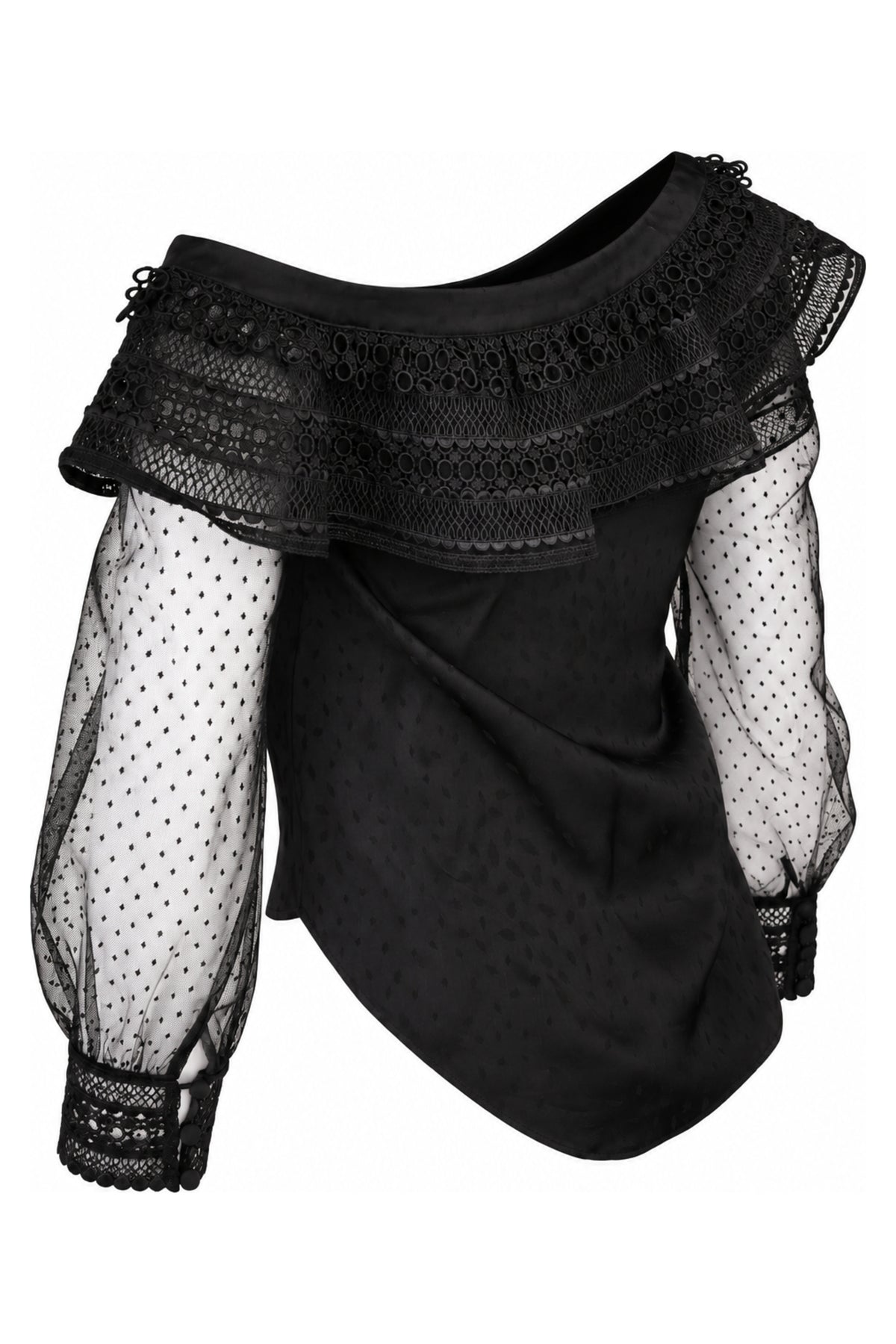 Self-Portrait Black One-Shoulder Lace and Dot Mesh Top