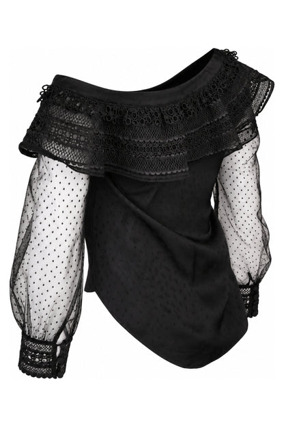 Self-Portrait Black One-Shoulder Lace and Dot Mesh Top