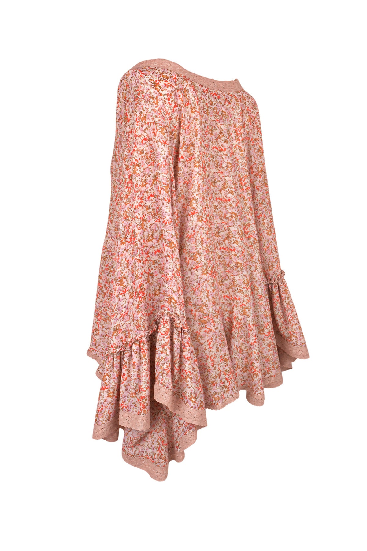 Free People Floral Chiffon Bell Sleeve Kimono Top with Crochet Trim