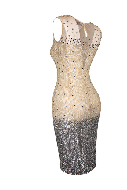 French Connection Nude Sequin Embellished Mesh Bodycon Dress