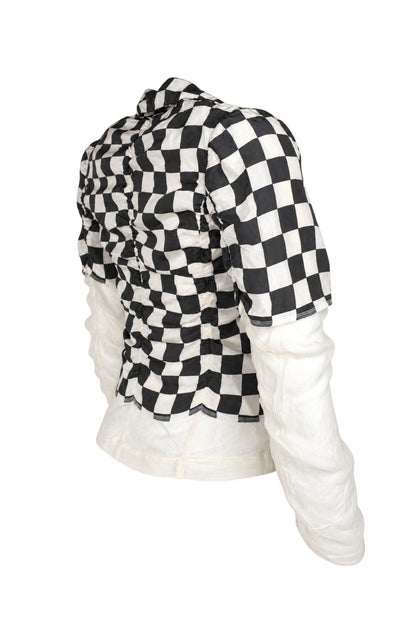 Comme des Garçons Black White Checkerboard Silk Jacket with Sheer Sleeves